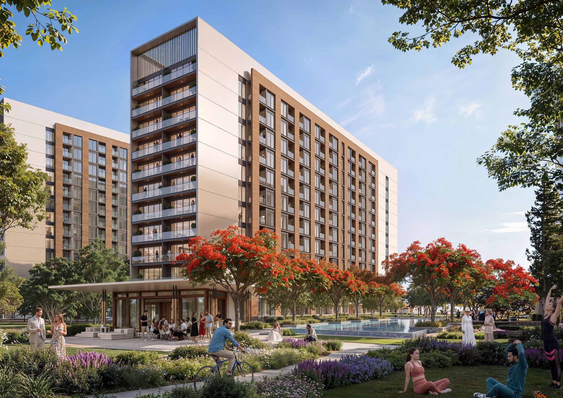 Residences framed by flowering trees in Dubai (developer render)