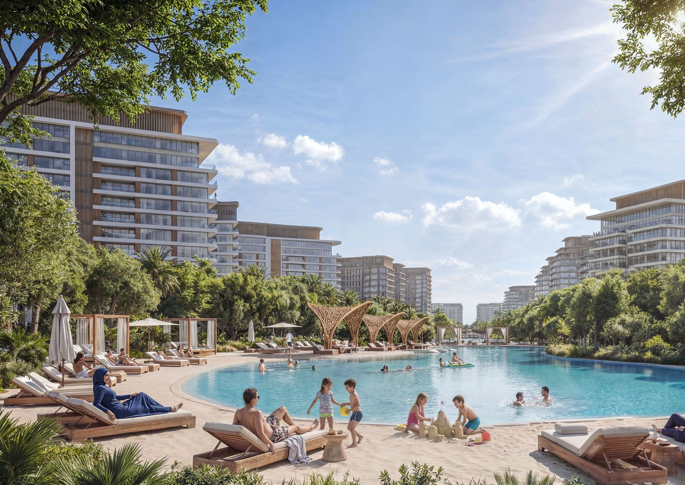 Residents on a beach lagoon surrounded by palms at Sobha Sanctuary, Dubai (developer render)